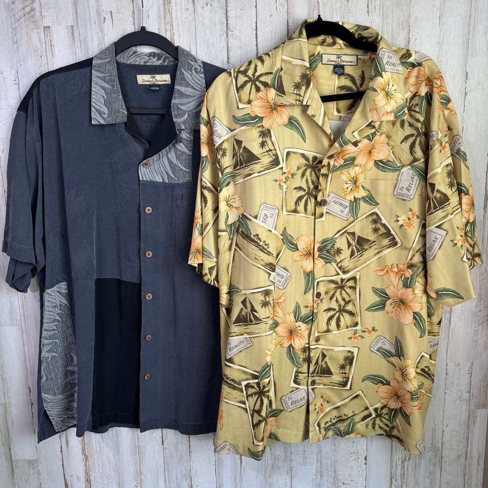 Tommy Bahama Shirt Men L Black Palm Beige Floral 100% Silk Hawaiian Lot 2 Travel